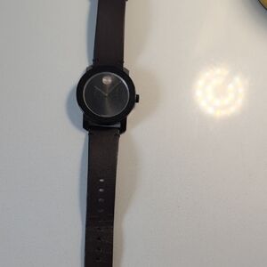 Movado Black Leather Strap Watch